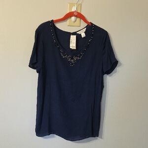 Navy Blue Embellished Women's Sheer Gauze Top With Keyhole Button Detail In Back